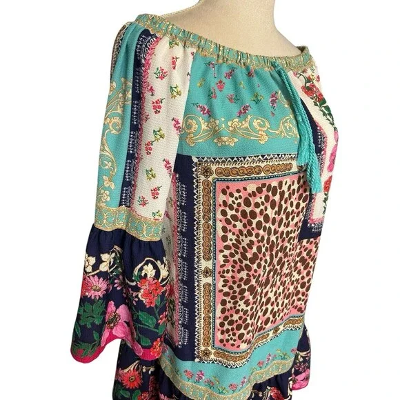 Umgee Off the Shoulder Dress S Boho Bell Sleeve Floral Animal Tassel Ruffle Hem - Picture 3 of 9